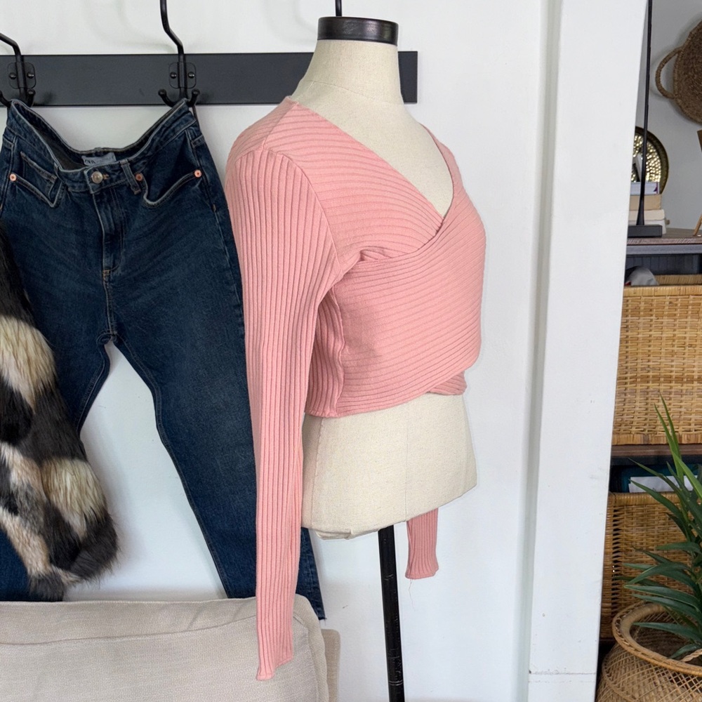 For Days• Pink Ribbed Wrap Sweater - Picture 2 of 7